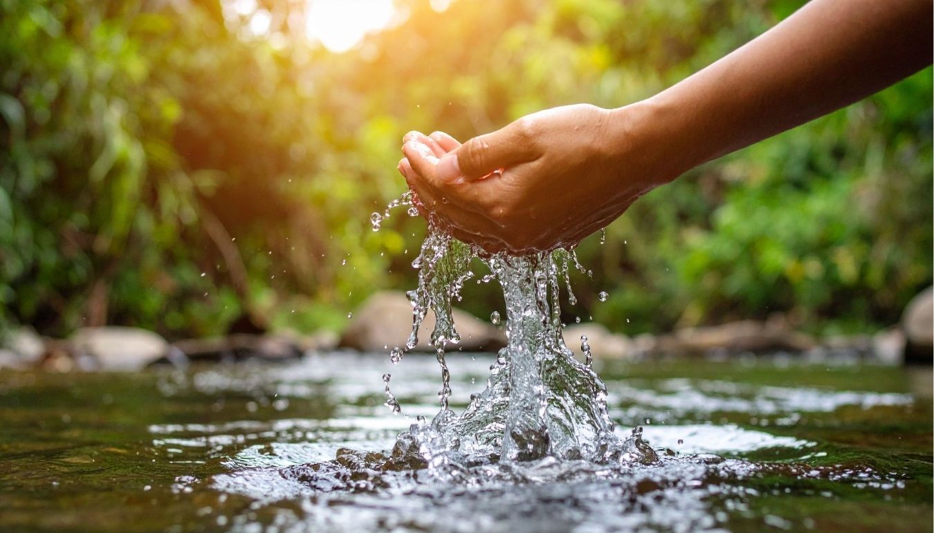 Hands Cupping Water from Forest Stream